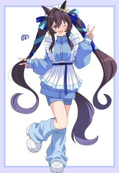 07nono06 1girl absurdres animal_ears apron beret blue_eyes blue_jacket blue_ribbon blue_shorts blue_track_suit blush breasts brown_hair commentary_request double_v ear_covers frilled_apron frills hair_between_eyes hat highres horse_ears horse_girl horse_tail jacket jersey_maid leg_warmers long_hair looking_at_viewer loose_socks maid maid_apron mole mole_under_eye multicolored_hair open_mouth ribbon shorts single_ear_cover smile socks solo standing standing_on_one_leg streaked_hair tail track_jacket track_suit twintails umamusume unconventional_maid v vivlos_(umamusume) waist_apron white_apron white_hat