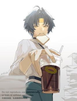 1boy artist_name asaba_harumasa bingzhen_h2o black_choker black_hair black_necktie blurry blurry_foreground bread bread_slice choker clothes_around_waist commentary_request cup drinking_straw food food_in_mouth headband highres holding holding_cup looking_at_viewer male_focus necktie paper_stack parted_bangs shirt short_hair simple_background sleeves_rolled_up solo upper_body white_background white_shirt yellow_eyes yellow_headband zenless_zone_zero