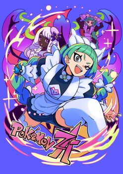 2girls apron ascot black_romper bow bowtie braid braided_ponytail dark-skinned_female dark_skin frilled_ascot frills green_hair highres juliet_sleeves lebanne_(pokemon) long_hair long_sleeves low_drills maid maid_apron maid_headdress master_and_servant multiple_girls nintendo open_mouth pokemon pokemon_legends:_z-a puffy_sleeves romper smile thighhighs v-shaped_eyebrows very_dark_skin wanowanoji67 white_bow white_bowtie white_thighhighs