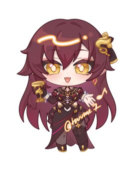 Rule 34 | 1girl, absurdres, black dress, black pantyhose, breasts, brown hair, chalice, chibi, chibi only, commentary, cup, dress, earrings, eden (honkai impact), english commentary, highres, holding, holding cup, honkai (series), honkai impact 3rd, jewelry, long hair, looking at viewer, pantyhose, simple background, smile, solo, tsuume, twitter username, very long hair, white background, yellow eyes