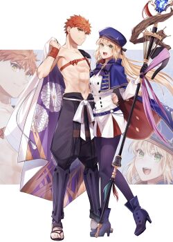 1boy 1girl artoria_caster_(fate) artoria_caster_(second_ascension)_(fate) artoria_pendragon_(fate) belt beret black_pants black_pantyhose black_ribbon blonde_hair blue_belt blue_cloak blue_headwear boots bow bracelet breasts buttons cape cloak closed_mouth emiya_shirou fate/grand_order fate_(series) flower gem gold_trim green_eyes green_gem hat highres holding jewelry long_hair long_sleeves open_mouth orange_eyes orange_hair ornament pants pantyhose purple_bow purple_cloak purple_flower ribbon sandals senji_muramasa_(fate) shirt skirt small_breasts teeth twintails uvula white_cape white_flower white_skirt yamano_udumi zouri