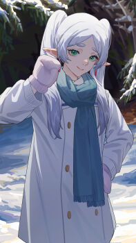 1girl absurdres alternate_costume blue_scarf closed_mouth coat commentary cowboy_shot day earrings elf english_commentary frieren gloves green_eyes hand_on_own_hip hand_up highres jewelry long_hair long_sleeves looking_at_viewer lucky_strike_(yukiwhite_0418) outdoors parted_bangs pointy_ears scarf snow solo sousou_no_frieren teardrop_earrings twintails white_coat white_gloves white_hair winter winter_clothes winter_coat
