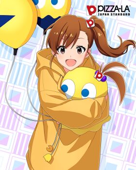 1girl balloon brown_eyes brown_hair card_(medium) english_text futami_mami ghost holding hood hoodie idolmaster idolmaster_million_live! idolmaster_million_live!_theater_days official_art open_mouth pac-man_(game) side_ponytail