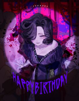 1girl :d absurdres black_hair character_name cowboy_shot dress english_text hair_over_one_eye happy_birthday highres leaning_forward one_eye_covered open_mouth pillow pink_background pink_eyes purple_dress reverse:1999 shadow short_hair sikhye_(ccc14t) smile solo spotlight tuesday_(reverse:1999)