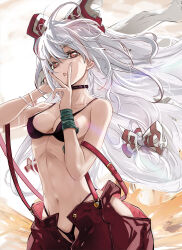 Rule 34 | 1girl, adapted costume, bare shoulders, bikini, bikini under clothes, black bikini, black choker, bow, breasts, choker, collarbone, colored eyelashes, commentary, covered erect nipples, cowboy shot, curvy, eyelashes, fire, floating hair, fujiwara no mokou, hair between eyes, hair bow, hand in own hair, hands up, highres, l.f., long hair, looking at viewer, medium breasts, micro bikini, midriff, navel, open mouth, pants, red bow, red eyes, red pants, simple background, solo, stomach, striped bow, suspenders, swimsuit, touhou, v, v over mouth, very long hair, white background, white bow, white hair