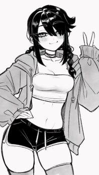 1girl 2026 animated black_hair black_shorts blinking blush braid braided_sidelocks breasts choker coat commentary cowboy_shot dolphin_shorts english_commentary female_focus groin hair_over_one_eye hand_on_own_hip hand_up latenitekofi long_hair long_sleeves looking_at_viewer looping_animation low-braided_long_hair low-tied_long_hair medium_breasts midriff monochrome music navel original reina_(latenitekofi) shirt shorts skindentation sleeveless sleeveless_shirt solo sound spaghetti_strap standing thick_thighs thighhighs thighs tongue tongue_out v video