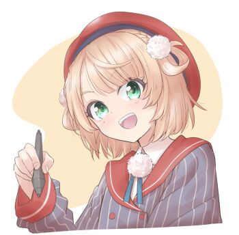 1girl :d beret blonde_hair blush braid brown_background cropped_torso green_eyes grey_jacket hand_up hat holding holding_stylus indie_virtual_youtuber jacket long_sleeves looking_at_viewer naegi_(naegidokoro) open_mouth red_hat shigure_ui_(vtuber) shigure_ui_(vtuber)_(1st_costume) shirt smile solo striped_clothes striped_jacket stylus teeth two-tone_background upper_body upper_teeth_only vertical-striped_clothes vertical-striped_jacket virtual_youtuber white_background white_shirt