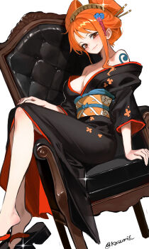 1girl absurdres arm_support armchair bare_legs bare_shoulders black_kimono blush breasts brown_eyes chair cleavage closed_mouth commentary_request floral_print floral_print_kimono glint hair_ornament hair_up highres japanese_clothes kasumi_6 kimono large_breasts long_hair looking_at_viewer nami_(one_piece) obi oiran on_chair one_piece orange_hair print_kimono sandals sash shoulder_tattoo single_sidelock sitting smile solo tattoo twitter_username wavy_hair white_background yellow_sash