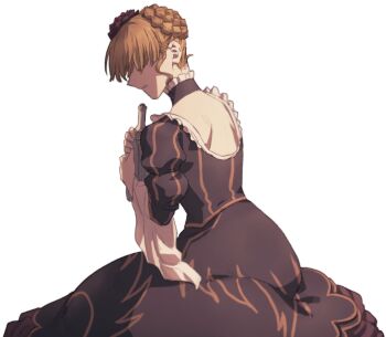 1girl backless_dress backless_outfit beatrice_(umineko) black_dress blonde_hair braid bun_with_braided_base dress flower gun hair_flower hair_ornament highres holding holding_gun holding_weapon hswoimuxk0pwr0h_(bbdan) long_dress red_flower red_rose rose simple_background solo umineko_no_naku_koro_ni weapon white_background