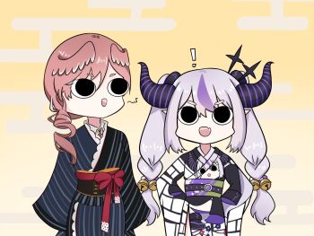 ! 2girls :d bell black_kimono brown_background character_print chibi commentary demon_horns egasumi english_commentary feathered_wings fong_(fongthe0125) grey_hair hair_bell hair_between_eyes hair_ornament hands_on_own_hips head_wings highres hololive horns japanese_clothes jingle_bell kimono la+_darknesss la+_darknesss_(new_year) long_hair long_sleeves multicolored_hair multiple_girls obi open_mouth pink_wings print_kimono purple_hair sash short_eyebrows simple_background sleeves_past_fingers sleeves_past_wrists smile streaked_hair takane_lui takane_lui_(new_year) thick_eyebrows twintails v-shaped_eyebrows very_long_hair virtual_youtuber white_kimono wide_sleeves wings
