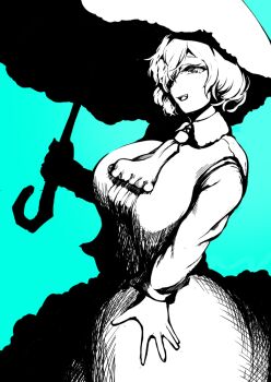 1girl ascot blue_background breasts collared_shirt commentary_request cowboy_shot greyscale_with_colored_background hair_over_one_eye holding holding_umbrella huge_breasts kazami_yuuka long_sleeves looking_at_viewer open_mouth parasol sadahiro_(chicken_nugget_gyuuniku_aji) shirt short_hair skirt smile solo touhou umbrella vest