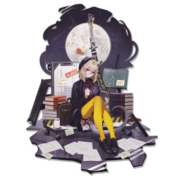 1girl animal_ear_fluff animal_ears arknights bag beret black_hat black_jacket black_shirt black_shoes black_skirt blonde_hair book book_stack breasts closed_mouth coffee cup full_body full_moon garter_straps glasses hair_ornament hairclip hat highres holding holding_book holding_pen inkwell jacket kamameshi_gougoumaru knees_up loafers long_sleeves looking_at_viewer moon neck_ribbon night official_alternate_costume official_art open_book open_clothes open_jacket pantyhose paper pen pleated_skirt purple_eyes purple_shirt red_ribbon ribbon shirt shoes short_hair sitting skirt sky solo star_(sky) sword tail thighhighs transparent_background utage_(arknights) utage_(disguise)_(arknights) weapon yellow_pantyhose