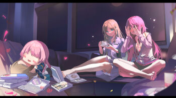 Rule 34 | 2girls, absurdres, bang dream!, bang dream! it's mygo!!!!!, barefoot, birthday sash, black shorts, blue dress, character doll, chihaya anon, chinese commentary, commentary request, commission, couch, cup, doll, dress, feng fengye zi, hands on own face, highres, holding, holding cup, indoors, jacket, multiple girls, nagasaki soyo, pink hair, pink jacket, second-party source, shorts, sidelocks, white shorts, yuri, yuri (object)