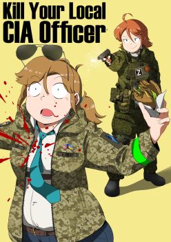 2girls absurdres alternate_hair_color alternate_hairstyle american_flag ammunition_pouch artist_request aviator_sunglasses azov_battalion boots breasts bulletproof_vest burger camouflage camouflage_jacket camouflage_pants central_intelligence_agency combat_boots commission commissioner_upload digital_camouflage east_german_flag east_germany emr_camouflage execution food gun handgun highres jacket knee_pads makarov_pm mask medium_breasts military_uniform multiple_girls naomi_kennedy nato nazi non-web_source office_lady pants plump pouch propaganda russian_ground_forces russo-ukrainian_war semi-automatic_pistol smug sunglasses ukrainian_flag valerie_baumer_(wlcw) wagner_group we_love_cold_war weapon z_(russian_symbol)