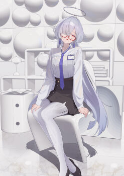 Rule 34 | 1girl, black shoes, black skirt, breasts, colored eyelashes, commentary, earrings, fingernails, grey hair, hair over one eye, halo, hand on own knee, hashtag-only commentary, highres, id card, jewelry, long hair, looking at viewer, meda, medium breasts, mornye (wuthering waves), necktie, official alternate costume, open mouth, purple nails, purple necktie, red eyes, see-through body, shirt, shirt tucked in, shoes, skirt, smile, solo, tacet mark (wuthering waves), triangle earrings, very long hair, white shirt, wuthering waves