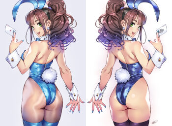 2girls ace_(playing_card) ace_of_diamonds ace_of_spades animal_ear_hairband animal_ears ass black_thighhighs blue_bow blue_bowtie blue_leotard blue_thighhighs bow bowtie brown_hair brown_pantyhose card detached_collar diamond_(shape) fake_animal_ears green_eyes grey_background hairband leotard long_hair looking_at_viewer looking_back matsuda_(matsukichi) multiple_girls original pantyhose playboy_bunny playing_card ponytail rabbit_ears rabbit_tail simple_background spade_(shape) strapless strapless_leotard tail thighhighs wavy_hair white_background wrist_cuffs