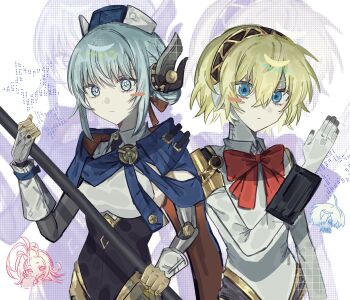 1boy 3girls aigis_(persona) aino_(genshin_impact) android blonde_hair blue_cape blue_eyes bow bowtie cape chibi chibi_inset closed_mouth commentary genshin_impact gold_hairband hair_between_eyes hairband hat highres holding holding_polearm holding_weapon ineffa_(genshin_impact) joints looking_at_viewer mechanical_arms multiple_girls parted_lips persona persona_3 polearm red_bow red_bowtie robot_ears robot_joints side-by-side sidelocks symbol-only_commentary trait_connection upper_body weapon xyurux0 yuuki_makoto_(persona_3) zoom_layer