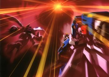 1990s_(style) aeug artist_request battle duel energy_beam energy_field explosion gundam gundam_perfect_file highres machinery magazine_scan mecha mecha_focus mobile_suit neo_zeon newtype_flash no_humans painting_(medium) qubeley retro_artstyle robot scan scene_reference science_fiction space thrusters traditional_media v-fin zero_gravity zeta_gundam zeta_gundam_(mobile_suit)