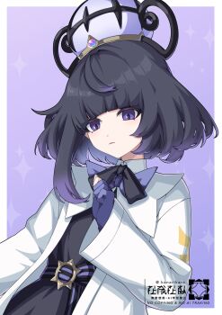 1girl belt belt_buckle black_dress black_hair border buckle coat dress gloves gradient_hair gwynn_(pokemon) hat highres kanarikaro long_sleeves looking_at_viewer multicolored_hair nintendo o-ring o-ring_belt open_clothes open_coat outside_border parted_lips partially_fingerless_gloves pokemon pokemon_legends:_z-a purple_background purple_eyes purple_hair short_hair solo upper_body white_border white_coat