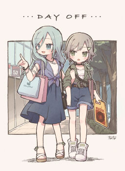 2girls absurdres bag belt black_choker blue_eyes blue_hair blue_jacket blue_shorts blue_skirt bracelet brown_belt bush choker clothes_writing collarbone commentary_request earrings english_text full_body green_eyes green_jacket grey_hair hair_between_eyes hair_ornament hairclip highres hinomori_shiho hinomori_shizuku jacket jewelry locked_arms long_hair multiple_girls nana_07 pendant pointing pointing_to_the_side project_sekai shirt shoes shopping_bag short_hair short_sleeves shorts shoulder_bag siblings sidelocks sisters skirt sleeves_rolled_up standing tied_jacket tree white_shirt white_shoes
