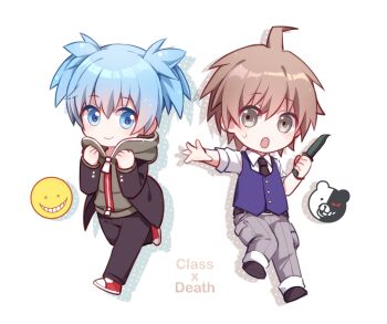 2boys :o ahoge ansatsu_kyoushitsu belt black_belt black_jacket black_necktie black_pants black_shoes blue_eyes blue_hair blue_vest brown_hair chibi closed_mouth collared_shirt commentary_request cosplay costume_switch crossover danganronpa:_trigger_happy_havoc danganronpa_(series) english_text full_body green_eyes green_hoodie grey_pants highres holding holding_knife hood hood_down hoodie jacket knife koro-sensei long_sleeves male_focus monokuma multiple_boys naegi_makoto necktie open_clothes open_jacket open_mouth outstretched_arm pants red_shoes shadow71580825 shiota_nagisa shirt shoes short_hair short_twintails simple_background smile sweatdrop twintails vest white_background white_shirt zipper