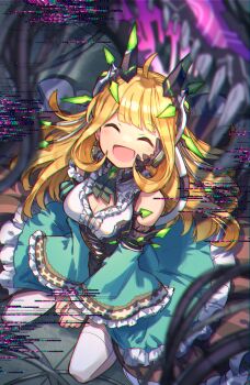 1girl absurdres bare_shoulders blonde_hair blunt_bangs cable cleavage_cutout closed_eyes clothing_cutout detached_sleeves dress frilled_dress frills glitch headpiece highres kuuron_(moesann17) open_mouth puzzle_&amp;_dragons smile solo spica_(p&amp;d) static thighhighs wide_sleeves zettai_ryouiki