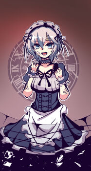 1girl :d anastasia_(idolmaster) apron black_choker black_dress blue_eyes breasts brown_background choker cleavage collarbone commentary_request crying crying_with_eyes_open dress frilled_apron frills gradient_background grey_hair hair_between_eyes hands_up highres idolmaster idolmaster_cinderella_girls kawamochi_(kawauti919) looking_at_viewer maid medium_breasts open_mouth pleated_dress puffy_short_sleeves puffy_sleeves roman_numeral short_sleeves smile solo tears white_apron wrist_cuffs