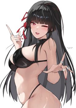 1girl absurdres alternate_costume artist_name bare_shoulders bikini black_bikini black_choker black_hair blush breasts chisa_(wuthering_waves) choker commentary cowboy_shot english_commentary fingernails from_side hair_ribbon highres large_breasts long_fingernails long_hair looking_at_viewer looking_to_the_side mole mole_under_eye nail_polish navel one_eye_closed open_mouth petchi1999 red_nails red_ribbon ribbon sideboob simple_background smile solo stomach swimsuit very_long_hair white_background wuthering_waves