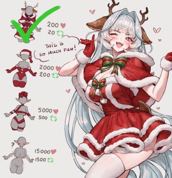 1girl antlers blue_eyes breasts capelet christmas cleavage commentary cowboy_shot dress ellireii english_commentary fake_antlers green_eyes grey_hair heterochromia highres horns large_breasts long_hair original pointy_ears red_capelet red_dress red_eyes reindeer_antlers simple_background solo strapless strapless_dress thighhighs twitter_strip_game twitter_strip_game_parody white_background white_thighhighs