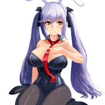 Rule 34 | alternate costume, animal ears, azur lane, bare shoulders, between breasts, black ribbon, blush, breasts, character name, cleavage, commentary request, essex (azur lane), hair ribbon, hand on own chest, highres, large breasts, necktie, pantyhose, penchamu!, playboy bunny, purple hair, rabbit ears, ribbon, sidelocks, sitting, twintails, wariza, yellow eyes