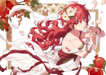 1girl bare_shoulders berry bracelet breasts cleavage collarbone commentary cowboy_shot dress earclip falling_petals flower flower_request food fruit gem hair_flower hair_ornament hands_up highres jewelry leaf long_hair looking_at_viewer magic_knight_rayearth masami_(souzou_jinsei_sanka) parted_lips petals pink_petals pomegranate red_eyes red_gem red_hair red_sash sash shidou_hikaru small_breasts solo standing white_dress white_flower