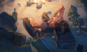 1girl arm_tattoo backpack bag baldur's_gate baldur's_gate_3 bedroll black_hair black_pants black_sports_bra book book_stack bookmark bottle broken_horn campfire chest_tattoo chinese_commentary colored_skin commentary_request cup curled_horns demon_girl demon_horns drinking_glass eating food from_above full_body geranbb head_back highres holding holding_food holding_skewer horns inkwell karlach looking_at_viewer medium_hair multicolored_hair night on_ground outdoors pants pointy_ears quill red_skin sitting skewer solo sports_bra stuffed_animal stuffed_toy tattoo teddy_bear tiefling two-tone_hair unworn_bag wine_glass yellow_eyes