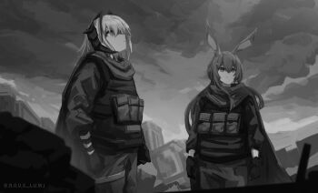 Rule 34 | 2girls, amiya (arknights), animal ears, antennae, arknights, artist name, bulletproof vest, cape, cloud, cloudy sky, demon girl, demon horns, gloves, greyscale, hair between eyes, highres, horns, jacket, load bearing vest, long hair, long sleeves, looking up, lumirumi, military, military uniform, monochrome, multiple girls, outdoors, rabbit ears, rabbit girl, ruins, scarf, short hair, sky, tactical clothes, twitter username, w (arknights)