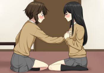 2girls absurdres black_hair black_socks blush brown_eyes brown_hair brown_sweater commentary_request grabbing_another's_breast grey_eyes grey_skirt groping guided_breast_grab guiding_hand highres indoors long_hair multiple_girls on_floor original parted_lips pleated_skirt ryuusa seiza short_hair sitting skirt socks sweater yuri