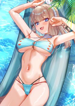 Rule 34 | 1girl, absurdres, almond eye (umamusume), alternate costume, animal ears, armpits, arms up, bikini, blue bikini, blue eyes, blue hair, blush, bow, bow hairband, braid, breasts, brown hair, cleavage, colored inner hair, commentary request, cross-shaped pupils, hairband, highres, horse ears, horse girl, horse tail, large breasts, looking at viewer, multicolored hair, navel, on hammock, open mouth, single braid, skindentation, smile, solo, stomach, swimsuit, symbol-shaped pupils, tail, tatsumi yashiro, teeth, thighs, too many hair ornaments, umamusume, upper teeth only, water, white bow, white hairband, x-shaped pupils