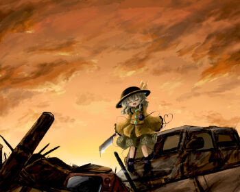 1girl black_hat black_shoes commentary_request contrast_collar facing_away green_hair green_skirt hair_between_eyes hat hat_ribbon heripantomorrow higurashi_no_naku_koro_ni holding_machete junkyard komeiji_koishi long_sleeves machete open_mouth parody ribbon shirt shoes skirt smile solo third_eye touhou wide_sleeves yellow_ribbon yellow_shirt