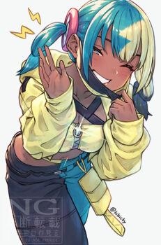 1girl :d bent_over black_mask blonde_hair blue_hair blush breasts canari_(pokemon) cleavage closed_mouth commentary_request criss-cross_straps dark-skinned_female dark_skin highres ivris jacket lightning_bolt_symbol long_sleeves looking_at_viewer mask medium_breasts medium_hair mega_stone midriff mouth_mask multicolored_hair navel nintendo one_eye_closed open_clothes open_mouth pants pokemon pokemon_legends:_z-a shiny_skin simple_background sleeves_past_wrists smile split-color_hair twintails twitter_username two-tone_mask two-tone_pants waving white_background yellow_jacket yellow_mask yellow_nails zipper zipper_pull_tab