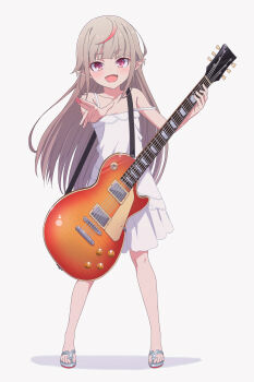 1girl bare_shoulders blush commentary dress electric_guitar female_focus full_body gibson gibson_les_paul grey_hair guitar highres holding holding_instrument instrument long_hair looking_at_viewer makaino_ririmu makaino_ririmu_(3rd_costume) multicolored_hair nijisanji open_mouth outstretched_arm plectrum pointy_ears red_eyes red_hair sabamen sandals shadow sidelocks simple_background sleeveless sleeveless_dress smile solo strap_slip streaked_hair virtual_youtuber white_background white_dress