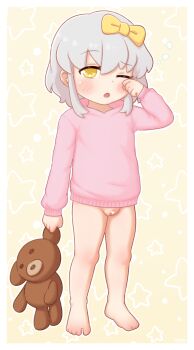 1girl barefoot blush bottomless censored feet full_body grey_hair hair_ribbon heart heart_censor highres legs loli looking_at_viewer medium_hair no_panties one_eye_closed open_mouth original pink_sweater pussy ribbon smoog solo standing stuffed_animal stuffed_toy sweater thighs toes waking_up
