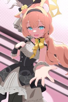 1girl absurdres blonde_hair blue_archive blue_eyes blush breasts dress halo hay highres idol looking_at_viewer mari_(blue_archive) mari_(idol)_(blue_archive) nana01_art open_mouth small_breasts solo stage standing yellow_halo