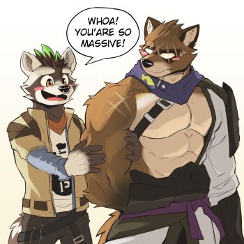 2boys abs animal_ears bang_mono_okami blush brown_jacket closed_mouth colored_tips commentary cross_scar english_commentary english_text face_piercing facing_another fang fortnite furry furry_male hajime_(fortnite) highres holding_another's_arm jacket looking_at_another male_focus mohawk multicolored_hair multiple_boys multiple_scars muscular muscular_male neckerchief nose_piercing nose_ring open_mouth orange_neckerchief pectorals piercing purple_scarf raccoon_boy raccoon_ears raccoon_tail rufus_(fortnite) scar scar_across_eye scar_on_face scar_on_shoulder scarf speech_bubble sweat tail white_background