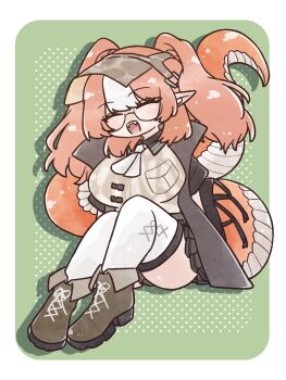 1girl arknights boots breasts closed_eyes commentary_request fangs glasses gloves highres jacket large_breasts long_hair multicolored_hair nunnuje_a_u_e open_mouth orange_hair pointy_ears reptile_girl semi-rimless_eyewear skirt smile snake_tail solo tail teeth thick_tail thighhighs under-rim_eyewear upper_teeth_only visor_cap white_hair white_thighhighs wulfenite_(arknights) zettai_ryouiki