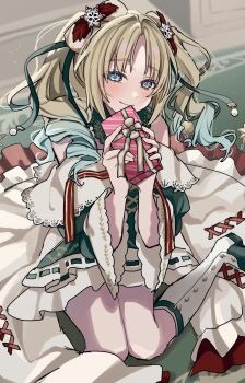 1girl bare_shoulders blonde_hair blue_eyes blue_hair boots bow box closed_mouth commentary_request dress gift gift_box gradient_hair green_dress hair_bow hair_ornament highres holding holding_gift holy_night_tale_(love_live!) knee_boots knees_together_feet_apart lilac_(li_lac_3) link!_like!_love_live! long_hair looking_at_viewer love_live! multicolored_hair osawa_rurino short_dress sitting smile snowflake_hair_ornament solo virtual_youtuber wariza white_boots