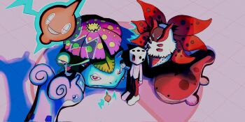 ._. 1girl 1other amejimai arm_at_side arm_up black_eyes black_pants blue_eyes bob_cut breast_pocket bright_pupils clodsire closed_eyes closed_mouth colored_skin dice electricity facing_viewer fang fang_out flat_chest floating flower from_above full_body gardevoir gen_1_pokemon gen_3_pokemon gen_4_pokemon gen_5_pokemon green_hair green_skin grid_background grin hair_over_one_eye half-closed_eyes happy highres holding holding_poke_ball lapras looking_back looking_up multicolored_skin nintendo object_head one_eye_covered original outstretched_arm pants peeking_out pink_flower pocket poke_ball pokemon pokemon_(creature) premier_ball red_eyes rotom rotom_(normal) shirt shoes short_hair sideways_mouth smile standing teeth two-tone_skin venusaur volcarona white_pupils white_shirt white_shoes white_skin