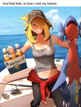 1girl absurdres alcohol arceus beer blonde_hair boat brass_knuckles corona_(brand) cynthia_(pokemon) fishing_rod gabite gen_4_pokemon hat highres khyle. legendary_pokemon mythical_pokemon nintendo pants pokemon pokemon_(creature) pokemon_dppt tank_top water watercraft weapon