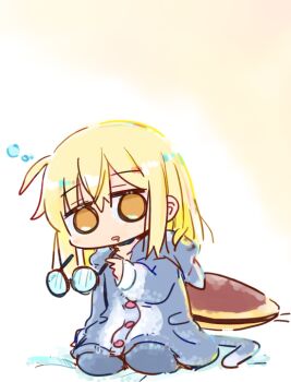 1girl artoria_pendragon_(fate) black-framed_eyewear blonde_hair brown_eyes chibi commentary_request drooling empty_eyes fake_tail fate/grand_order fate_(series) glasses grey_jacket grey_pants hair_between_eyes holding holding_removed_eyewear hood hood_down hooded_jacket jacket kasuga_yuuki long_hair mysterious_heroine_x_alter_(fate) pants parted_lips round_eyewear sitting solo tail unworn_eyewear
