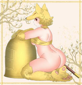 1girl absurdres animal_feet animal_hands ass back bell blonde_hair blush bottomless bra breasts closed_mouth commentary_request commission criss-cross_halter curvy fox_girl from_behind full_body halterneck highres kneeling large_breasts looking_at_viewer moonlight_flower panoramango ragnarok_online red_eyes second-party_source short_hair skeb_commission solo staff underwear yellow_background yellow_bra