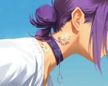 1girl blue_background blue_sky chainsaw_man choker close-up day flower from_side hair_behind_ear hair_bun highres kozzz_y outdoors purple_choker purple_hair revision reze_(chainsaw_man) shirt sidelocks simple_background sky solo white_shirt