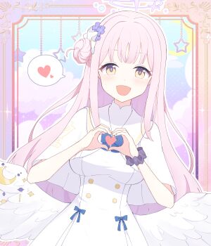 1girl absurdres blue_archive blue_bow blush bow capelet commentary_request dress flower hair_flower hair_ornament hair_scrunchie halo heart heart_hands highres mika_(blue_archive) nagine_11 open_mouth partial_commentary pink_hair purple_flower purple_halo purple_scrunchie scrunchie solo white_capelet white_dress white_scrunchie white_wings wings wrist_scrunchie yellow_eyes