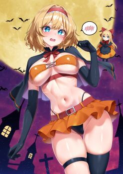 1girl absurdres alice_margatroid alternate_costume bat_(animal) bikini black_capelet black_gloves black_panties black_thighhighs blonde_hair blue_eyes blush breasts capelet cleavage commentary_request cowboy_shot elbow_gloves eyepatch_bikini full_moon gloves halloween_costume headband highleg highleg_panties highres huge_moon large_breasts leo23 looking_at_viewer microskirt moon navel night night_sky open_mouth orange_bikini orange_skirt panties purple_capelet red_headband shanghai_doll short_hair single_thighhigh skindentation skirt sky spoken_blush stomach swimsuit teeth thick_thighs thigh_strap thighhighs thighs touhou two-tone_capelet underwear upper_teeth_only